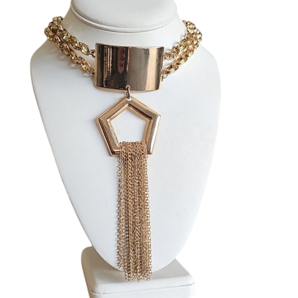 Gold Tone Double Cranky Fringe Choker Bondage Necklace - Picture 10 of 10